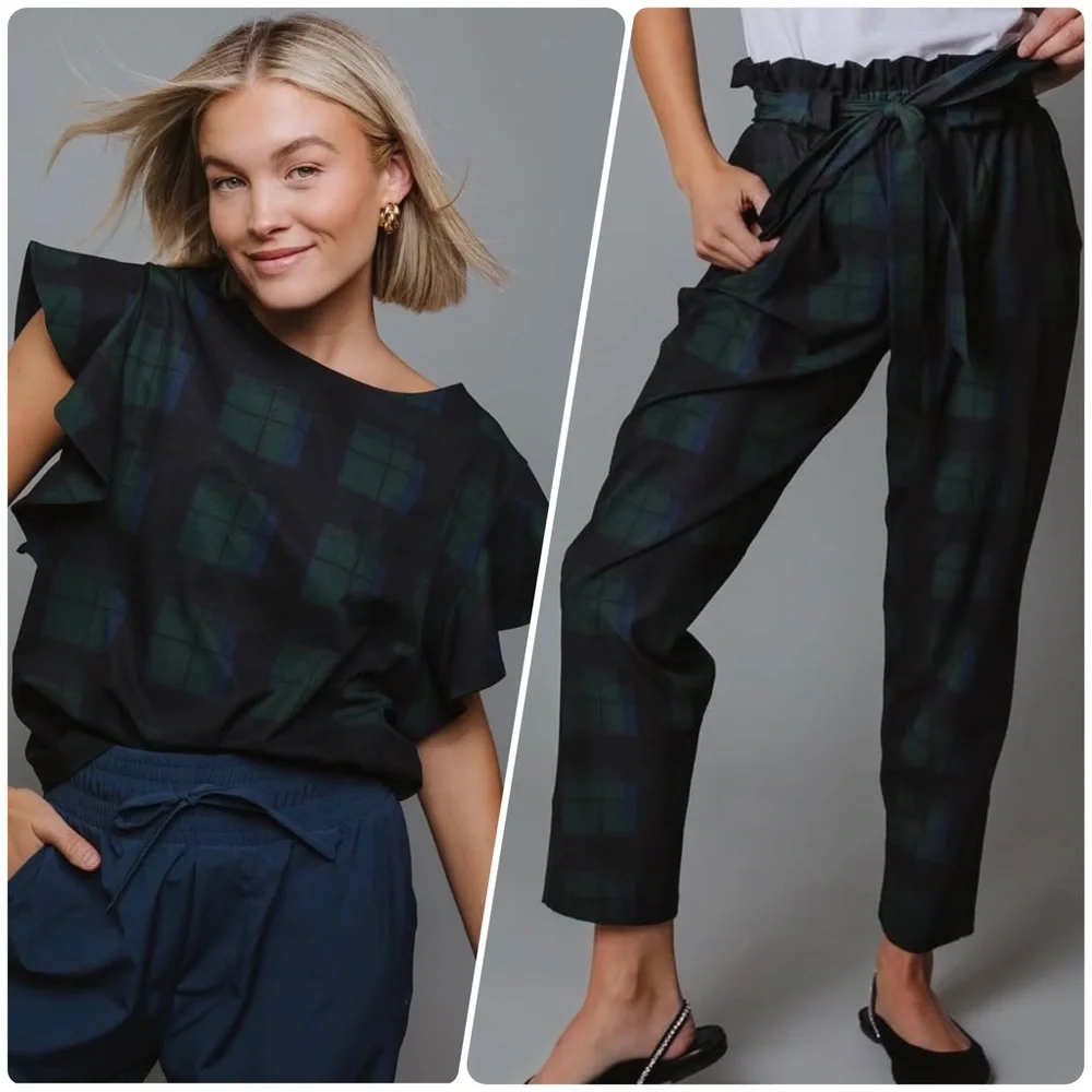EUC Albion Matching Set 9 to 9 Boss Tee Bow Belt Cropped Pants Mistletoe Green